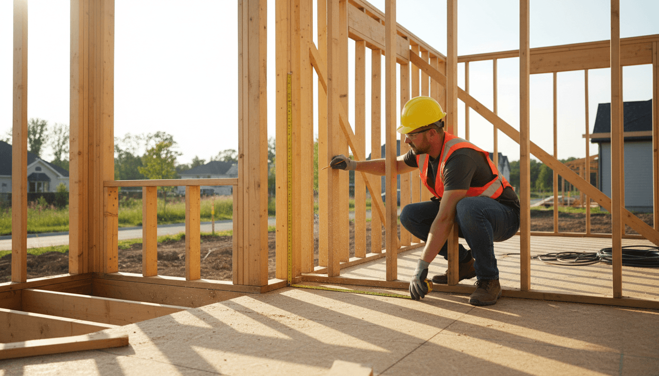 Construction professional measuring and framing structural components on a residential building project