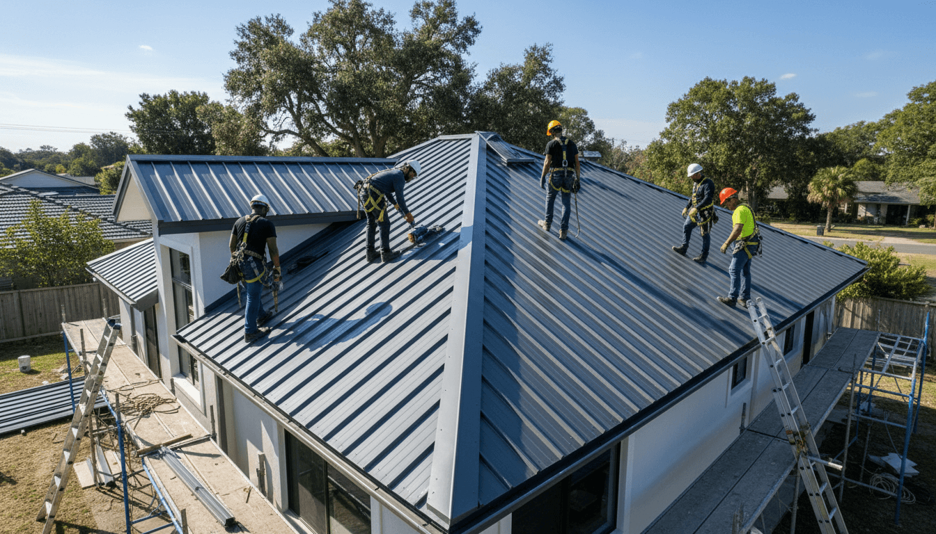 Aerial view of residential home with multiple workers installing new metal roofing panels in bright daylight