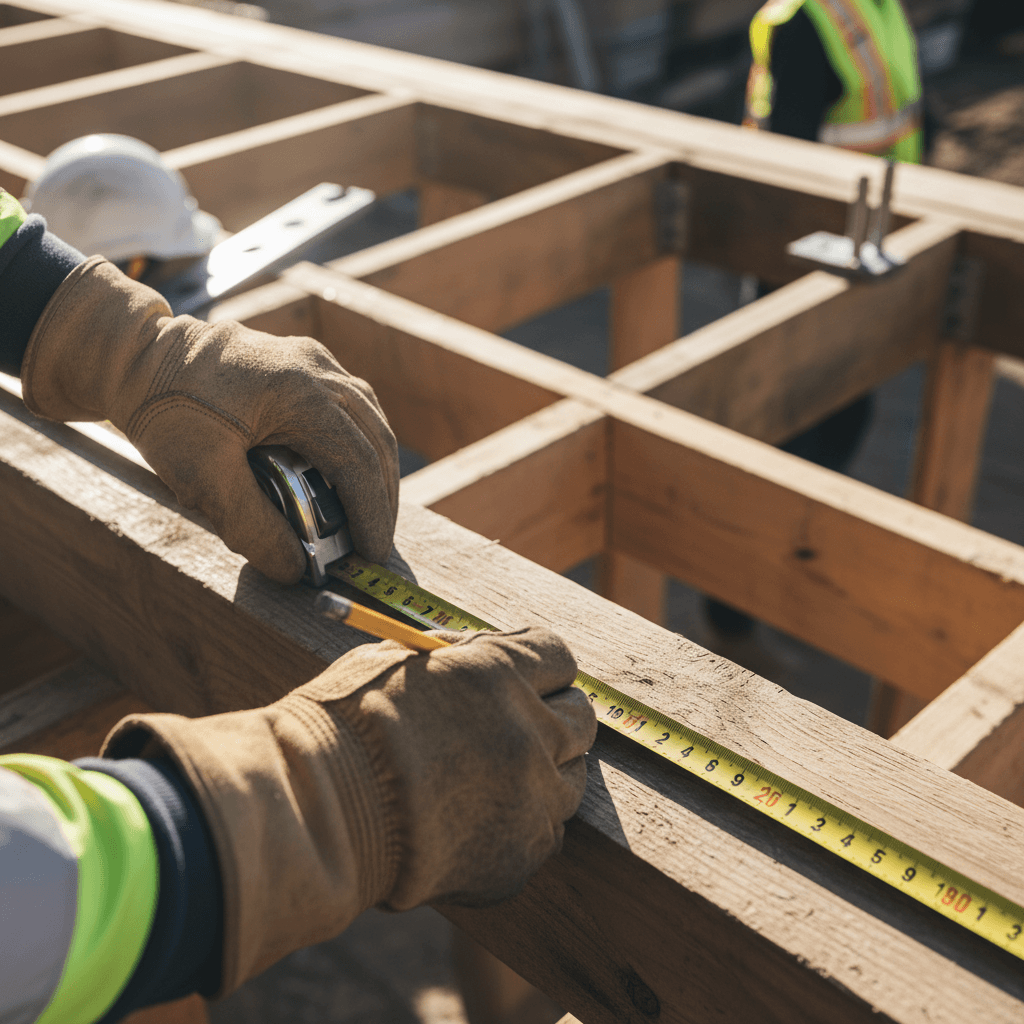 Construction professional measuring and checking framing work on a residential home project