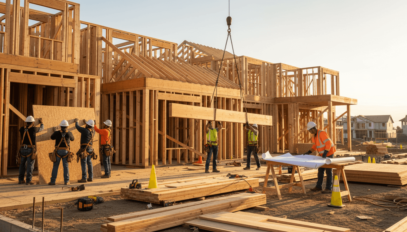 Professional construction crew working on house framing with wooden beams