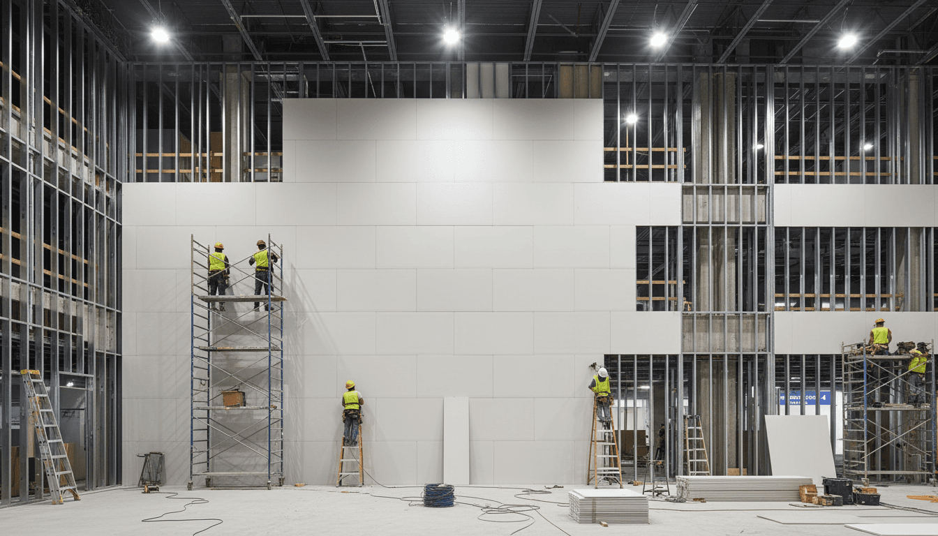 Wide view of commercial drywall installation with multiple workers on scaffolding installing sheets on large interior wall